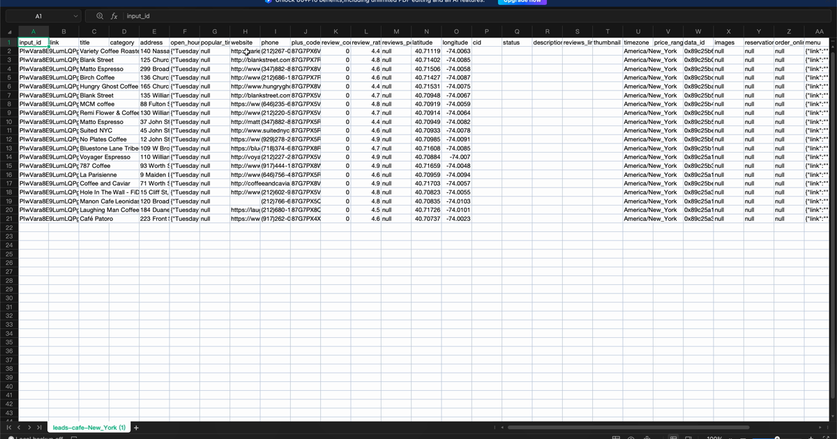 Export Google Maps data to Excel spreadsheet